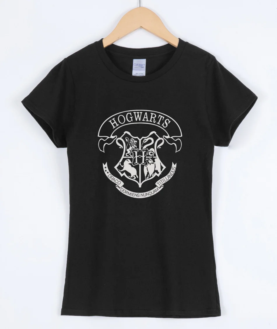 Женские футболки с принтом Хогвартс, модная повседневная футболка с коротким рукавом для девушек, тонкая женская футболка различных цветов - Цвет: black