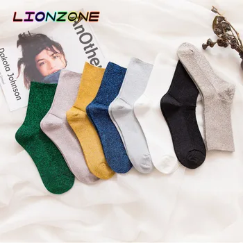 

LIONZONE 8Pairs New Fashion Ladies Bright Blink Silver Solid Color Tube Socks Japanese Style Cotton Women Socks Harajuku Wind