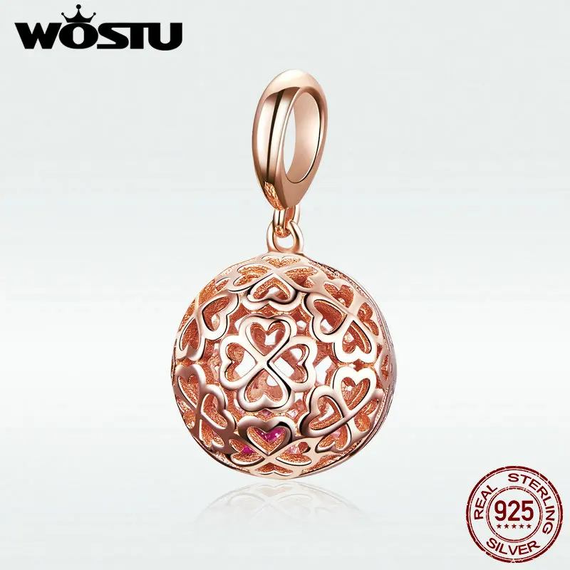 WOSTU 925 Sterling Silver Hollow Rose Gold Charms Round Bead Fit Original Bracelet Pendant For Women Luxury Jewelry DXC1127
