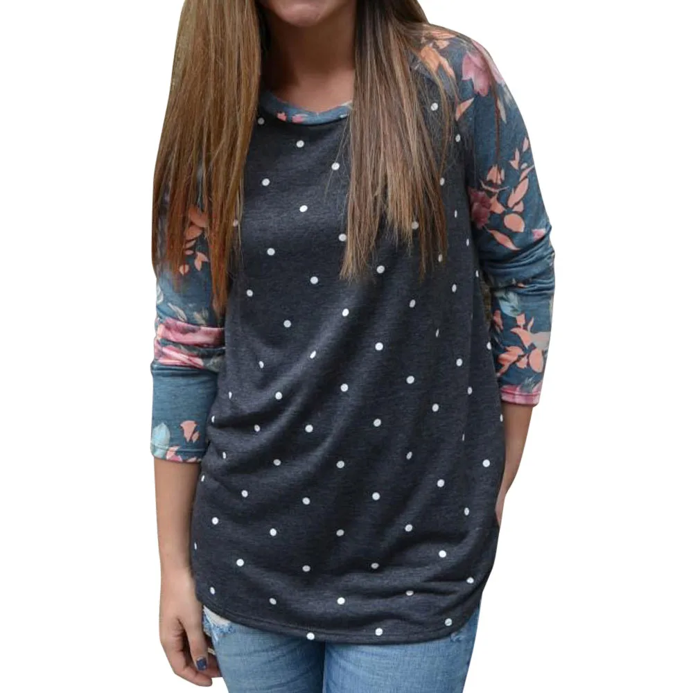 

Vintage Polka Dot Printed T Shirt Women's Long Sleeve Floral Shirts Girls Ladies Autumn Casual Loose T-Shirt Tops Cropped #LH