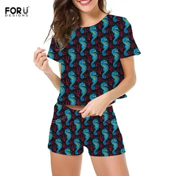 

FORUDESIGNS Seahorse Navy Design Women Sets 2 Pcs Summer Short Pants With Short Sleeves T-shirts Elasctic Waist Shorts Dropship