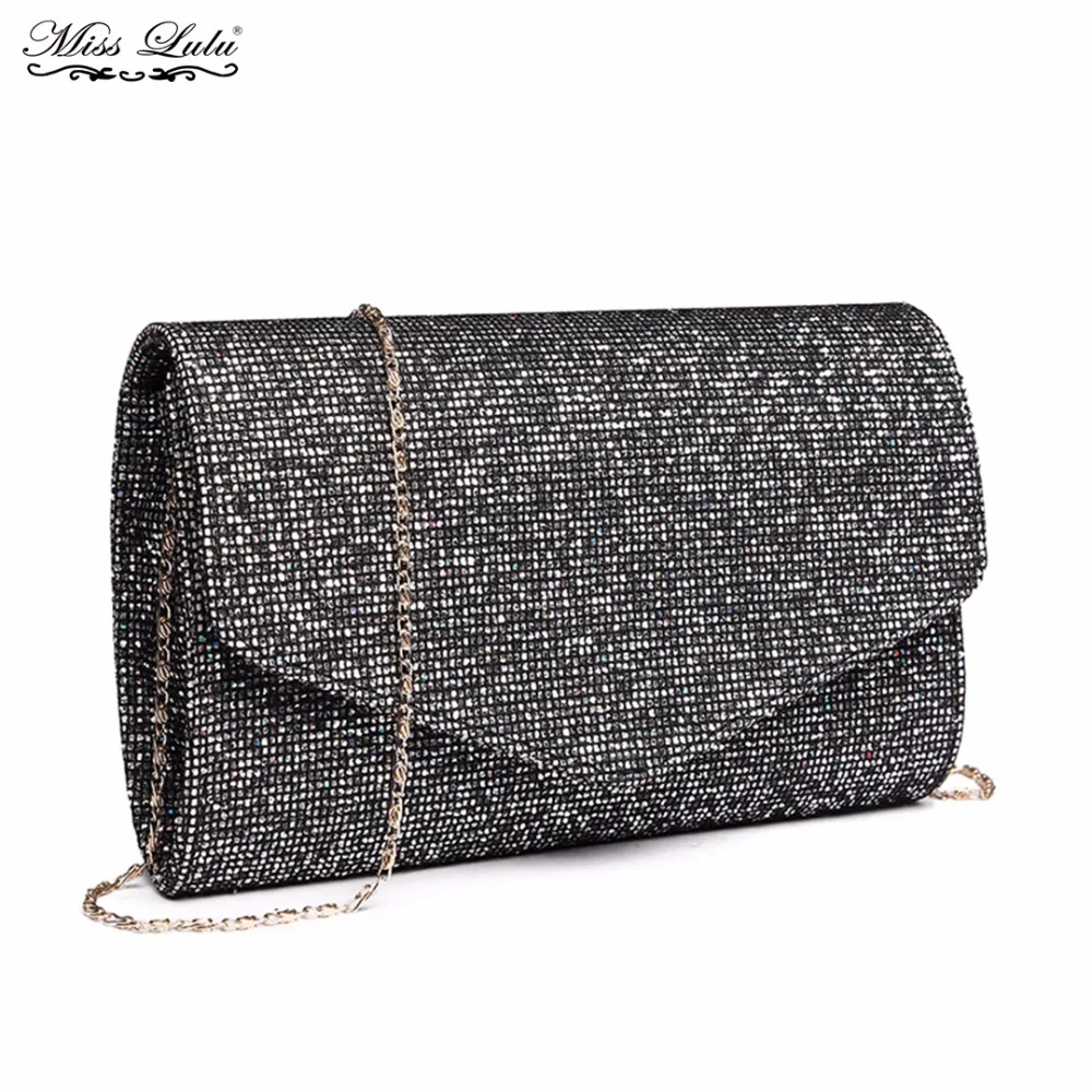 

Miss Lulu Women Designer Glittering Clutch Purse Envelope Evening Party Hand Bag Female PU Leather Chain Cross Body Bag LH1801