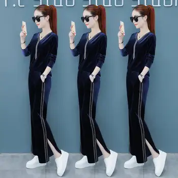 

Tracksuit 2020 Spring Autumn Women's Suit Diamonds v-Neck Velet Sweatshirt+Long Pant 2 Piece Set