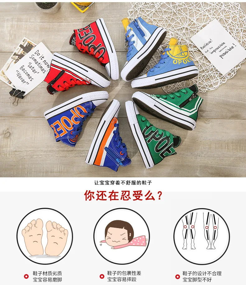 Sapatas de Lona para Meninos das Meninas do Bebê Sapatas dos Miúdos Culto Estilos Denim Sapatos Alta Corte Crianças Ankle Boots Letters Impressão Escola C07223 3 Mamãe e Bebê