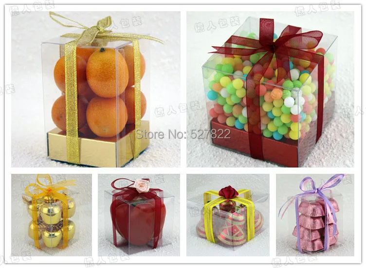 100pcs 10x10x2CM Wedding Party Favors Boxes Clear PVC Wedding Candy Boxes Plastic PVC Cake Boxes Food Gift Packaging