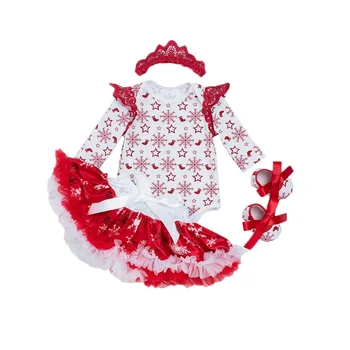 

Christmas Snow Baby Dresses for Newborn Girl Long Sleeve Romper+Ruffles Tutu Skirts+Crown+Shoes 4pcs Infant Girls Xmas Clothes