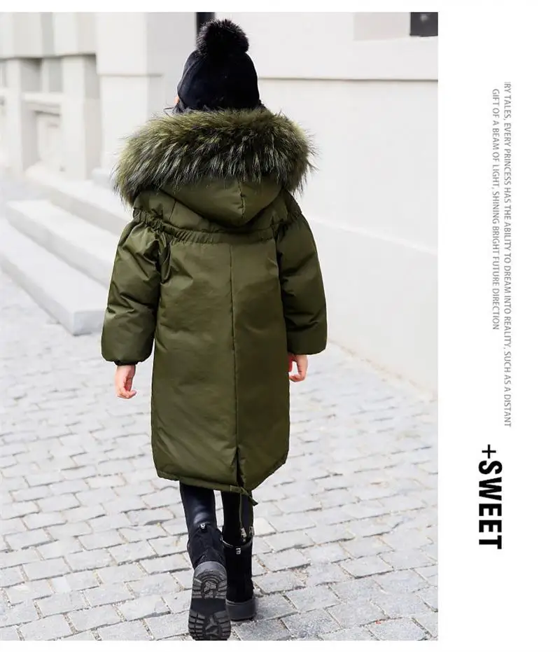 Новая детская зимняя куртка высокого качества зимнее пальто для девочек детское теплое длинное пуховое пальто с меховым воротником и капюшоном для От 5 до 14 лет-подростков