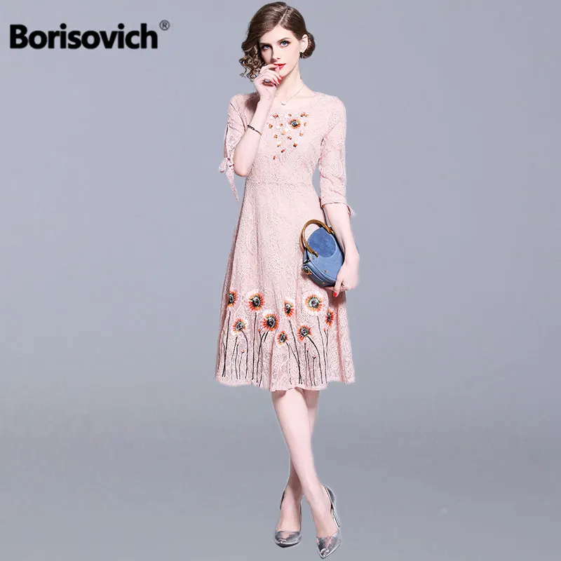 

Borisovich Women Casual Lace Dress New Brand 2019 Spring Fashion Floral Embroidery Knee-length Ladies Elegant Party Dresses N844