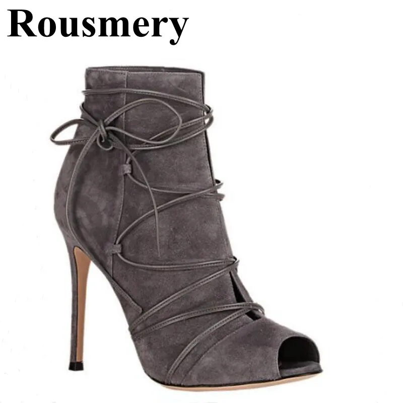 

Newest Spring And Autumn Peep Toe And Thin High Heel Lace Up Boots Flock Solid Fashion Sexy Cross-tied Women Short Boots