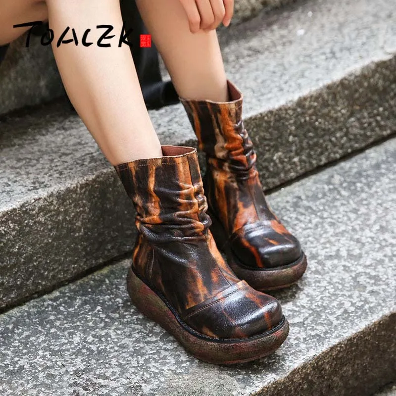 

Autumn and winter new thick bottom boots women's national wind leather hand-painted single boots