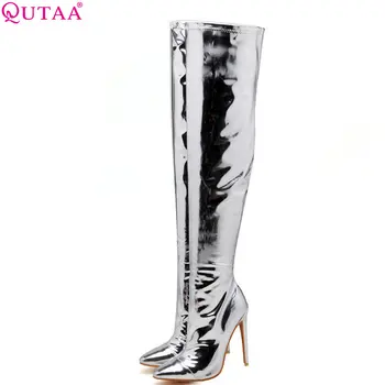 

QUTAA 2019 Pu Leather Women Over The Knee High Boots Bling Sexy Club Style Winter Shoes Sliver Woman Boots Big Size 34-43