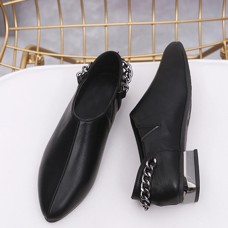 Mode En Metal L'europe Printemps Femme Lcizrong metal Cuir 3 Métal Hauts Catwalk Rivets Mujer metal Talons Rome Pompes forme Style Nouveau Plate Toe Chaussures Chain Femmes qFx5RxOX