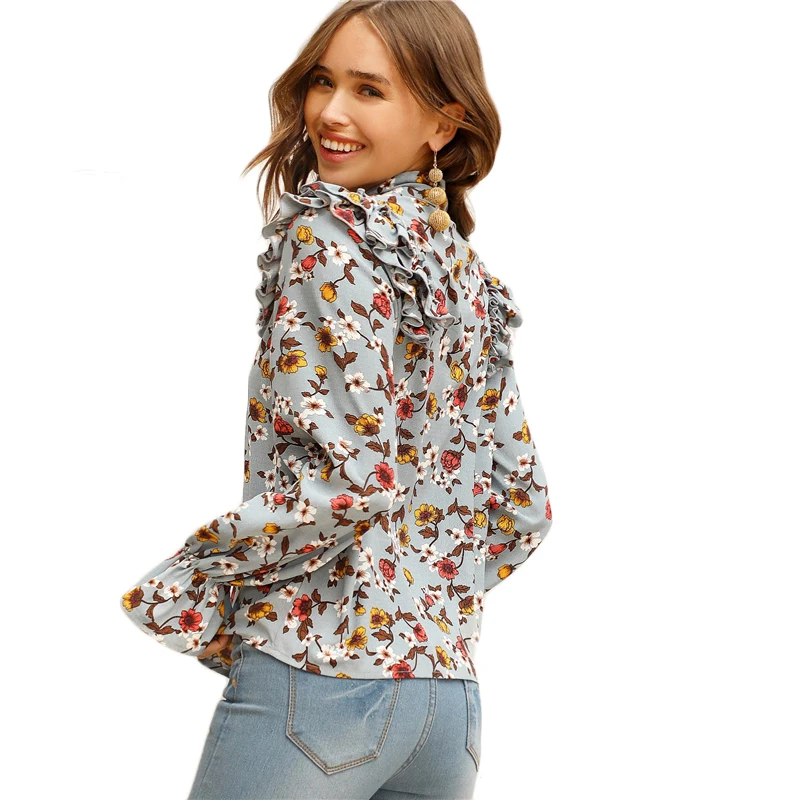 SHEIN Нарядная Блуза С Цветочным Принтом, Блуза С Воротником-Бантом И Длинным Рукавом