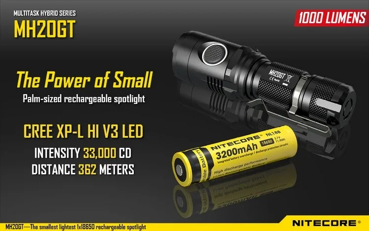 NITECORE MH20GT 1000 люменов CREE светодиодный светильник фонарь водонепроницаемый светильник-вспышка с 18650 перезаряжаемой литий-ионной батареей