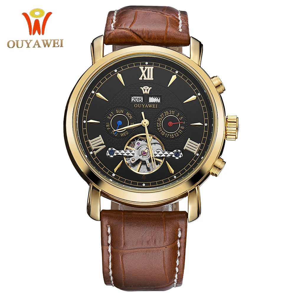 

OUYAWEI Men Watches Top Brand Luxury Automatic Mechanical Watch Male Clock Wrist Watch Men Leather Relogio Masculino for Gift