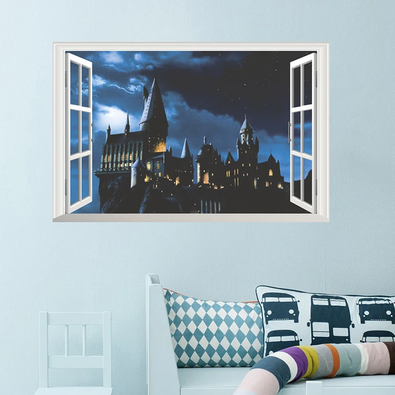 

Harry Potter 3D Window Hogwarts Decorative Wall Stickers Wizarding World School Wallpaper Living Room Mural PVC Art Decal Poster
