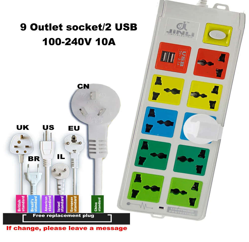 AU EU US 100~ 240 v 10A Защита от перенапряжения 9 выходов и 2 USB Электрический переключатель и розетка