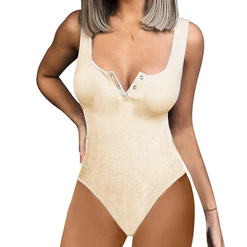 

New Fashion O-Neck Button Slim Knitted Ribbed Stretchy Sexy Skinny Bodysuit Women Rompers Up Sleeveless Tank Top Body Club GV494