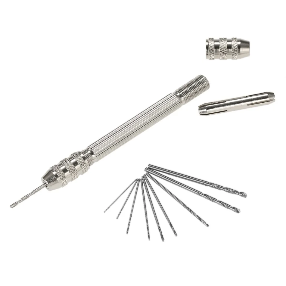 

Professional Mini Hand Drill Set with 10pcs High-speed Steel Twist Drill Bit Set Holder Double Chuck Hand Drill Little Pin Vise