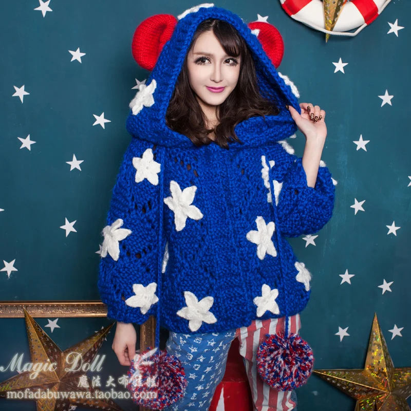 2020 Top Hot Sale Cotton Full Poncho Cardigan Pull Exclusive Custom Sweater Magic Big Doll Sweet Star Hooded Cute Bear Ear Knit |