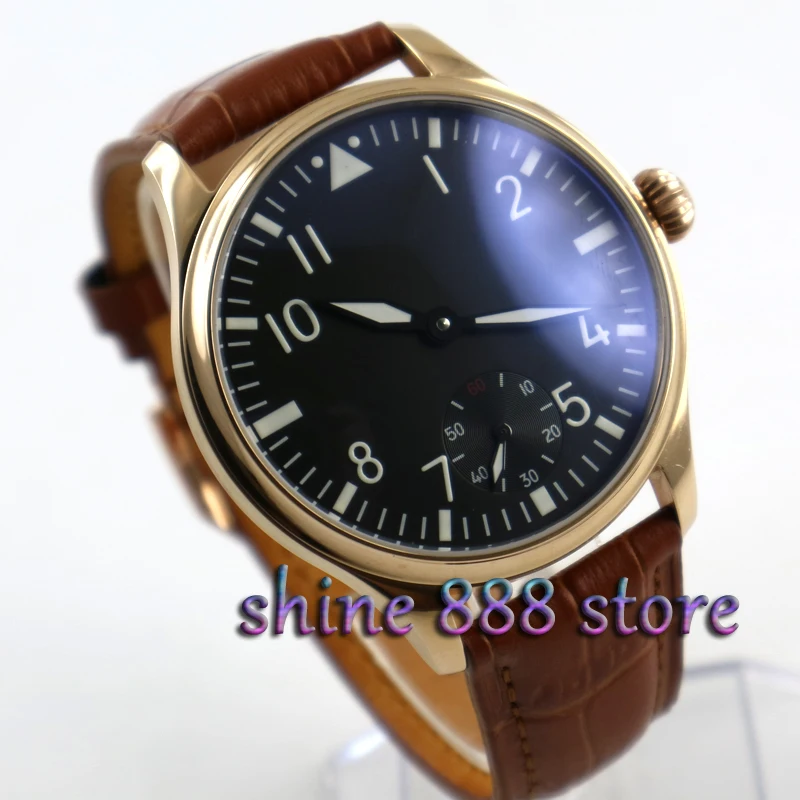 

Parnis 44mm black dial luminous brown strap rose golden case 6498 hand winding movement Men's watch