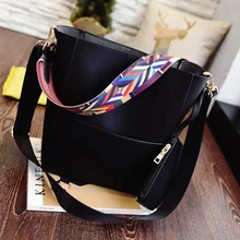 2016 New Sandy bucket handbag with colored fabric bag strap pu leather good quality shoulder bag brand design tote