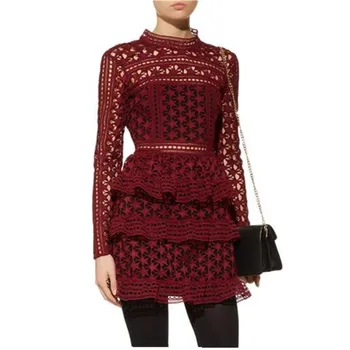 

HAMALIEL Self Portrait Spring Autumn Layers Ruffles Party Dress Runway Women Wine Red Lace Hollow Out Short Cake Dress Vestidos