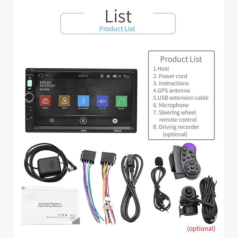 

Double Din 7 inch Screen Car MP5 Multimedia Player Radio Bluetooth GPS WIFI FM 7colors Backlight Support Rear View Camera SWC