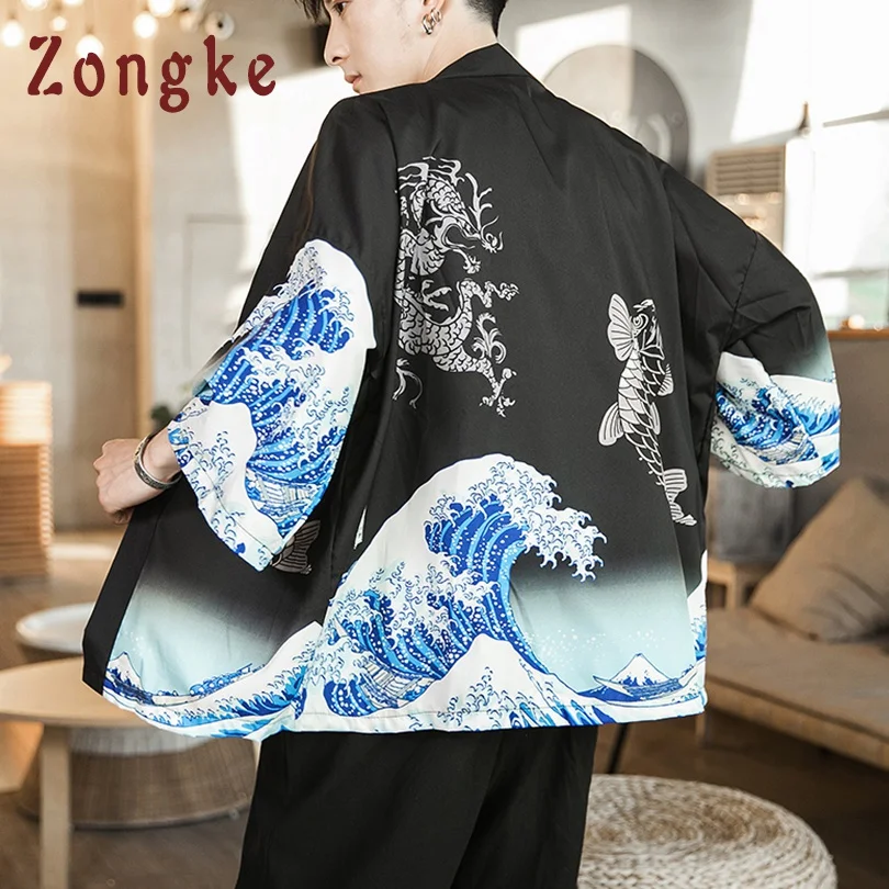 

Zongke Waves Black Kimono Men Japanese Kimono Cardigan Harajuku Kimono Shirt Men Streetwear Hawaiian Shirt Men 5XL 2019 New