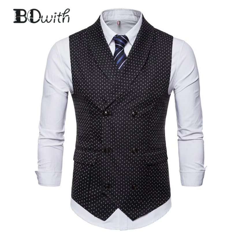 Черный костюм в горошек жилет Для мужчин жилет без рукавов Slim Fit Для мужчин жилет двубортный шесть кнопок Бизнес знакомства свадебное платье жилет