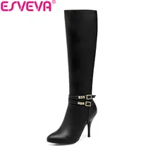 ESVEVA/ г. Женские ботинки элегантные теплые меховые сапоги до колена на высоком тонком каблуке с острым носком женские сапоги на молнии с заклепками Размер 34-43