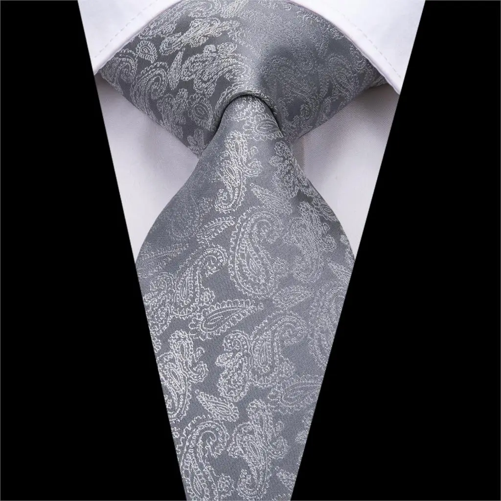 C-3153 для мужчин s Шелковый плетеный галстук с цветочным узором, с карманом, квадратные запонки, роскошные серебряные серые галстуки для мужчин Wedidng вечерние деловой ГАЛСТУК