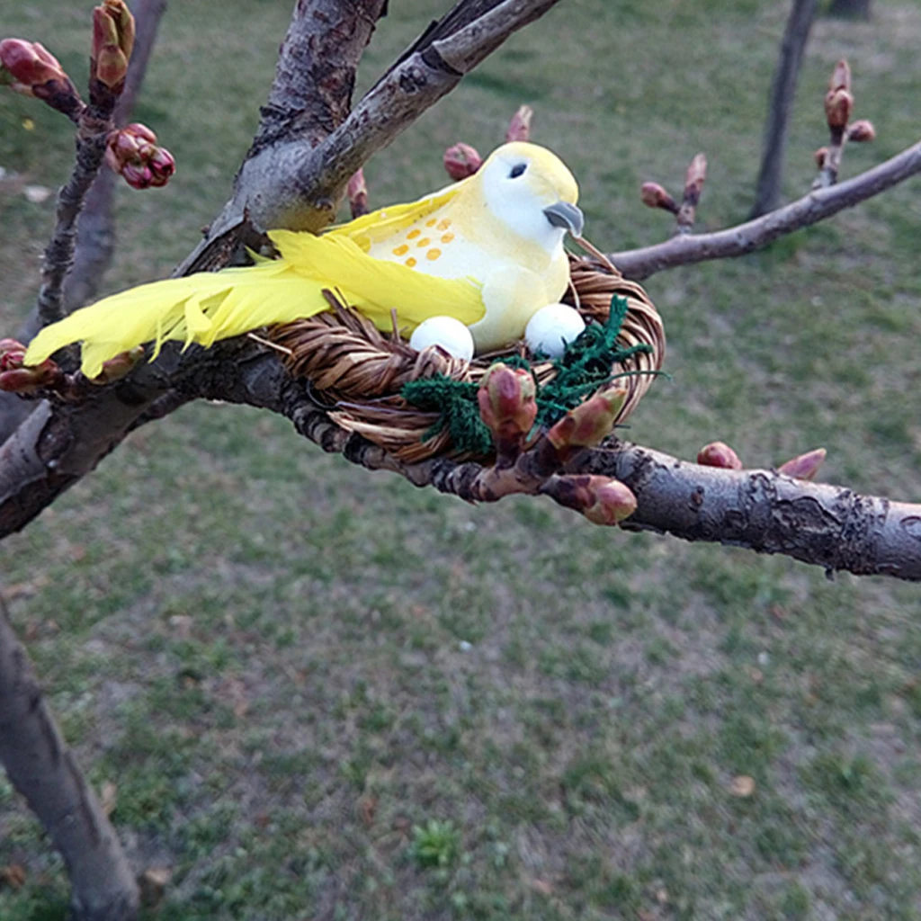Mini Feather Foam Bird Artificial Hay Bird Nest & Birds Eggs for Indoor Outdoor Plant Ornament Yard Garden Decor