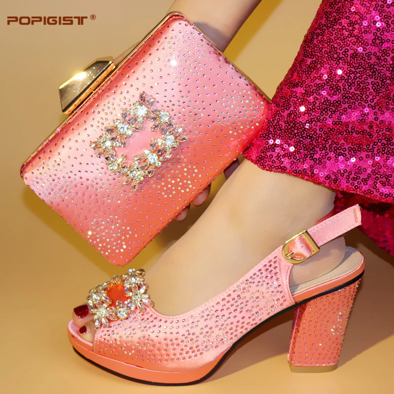 Pink Color Shoes With Matching Bag With Crystal Women Shoes And Bag Set For Party To Attend