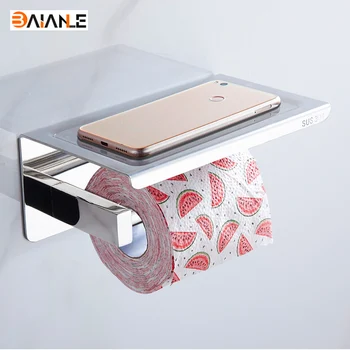 304 Stainless Steel Toilet Paper Holder With Shelf Wall Mounted Toilet Tissue Mobile Phone Roll Holder