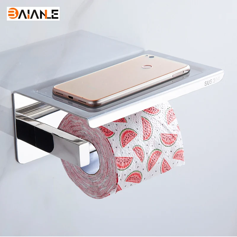304 Stainless Steel Toilet Paper font b Holder b font With Shelf Wall font b Mounted