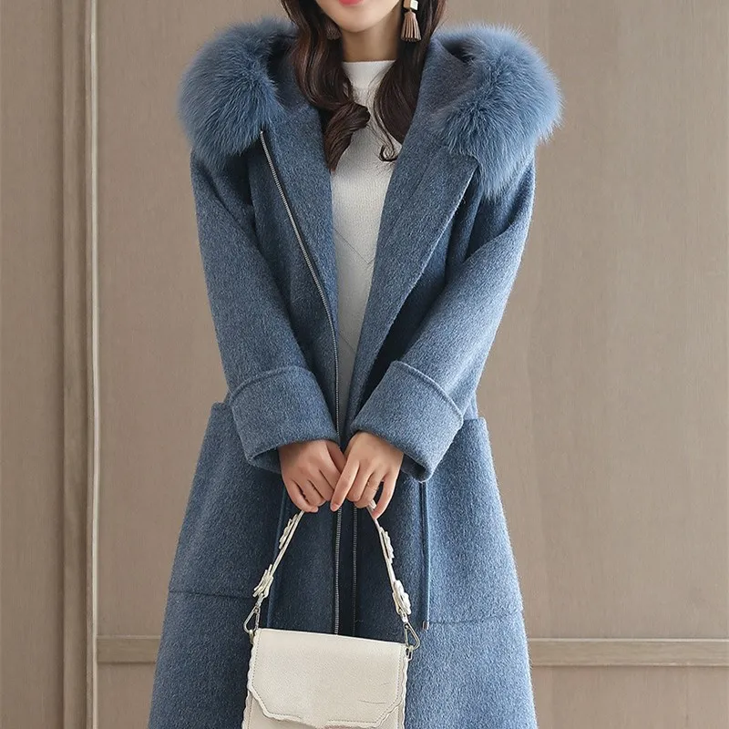 Automne Bleu Lacets Supérieure Laine Longs Qualité 2018 Nouveau En De À Hiver Coupe Manteaux Cachemire Vêtements Col Manteau Lâche Femmes Fourrure Capuche 1qT7pw