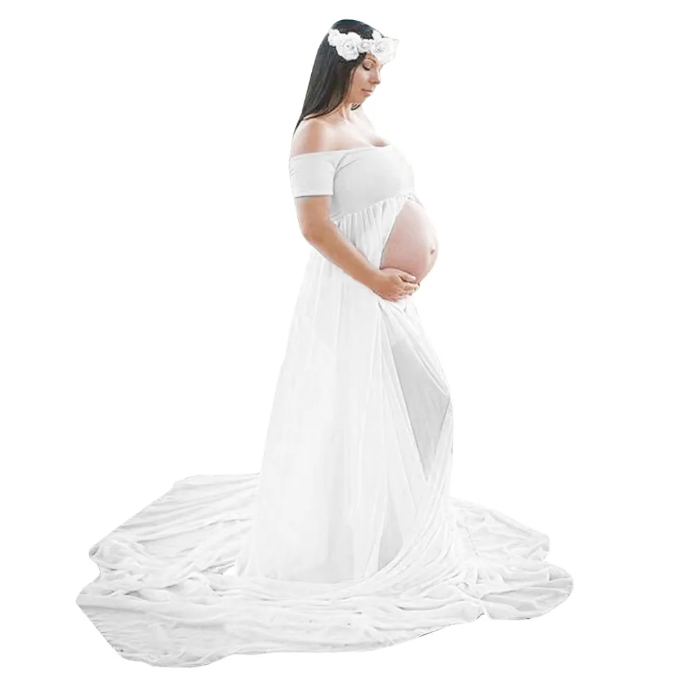 Платья для беременных с коротким рукавом, с открытыми плечами, вечернее сексуальное белое свадебное платье, фотография беременной женщины, Длинное Макси платье - Цвет: Белый