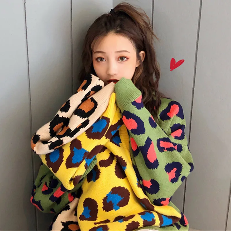 

Women Knitted Colored Leopard Printed Sweater Women 2018 Autumn Loose Pullover Sweater Female Oversize Jumpers O-neck Knitwear
