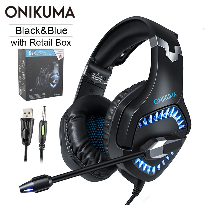 ONIKUMA K1 Pro PS4 игровая гарнитура ПК стерео наушники с гарнитурой шлем с микрофоном светодиодный светильник для нового Xbox One ноутбука планшета мобильного - Цвет: Blue with Retail Box