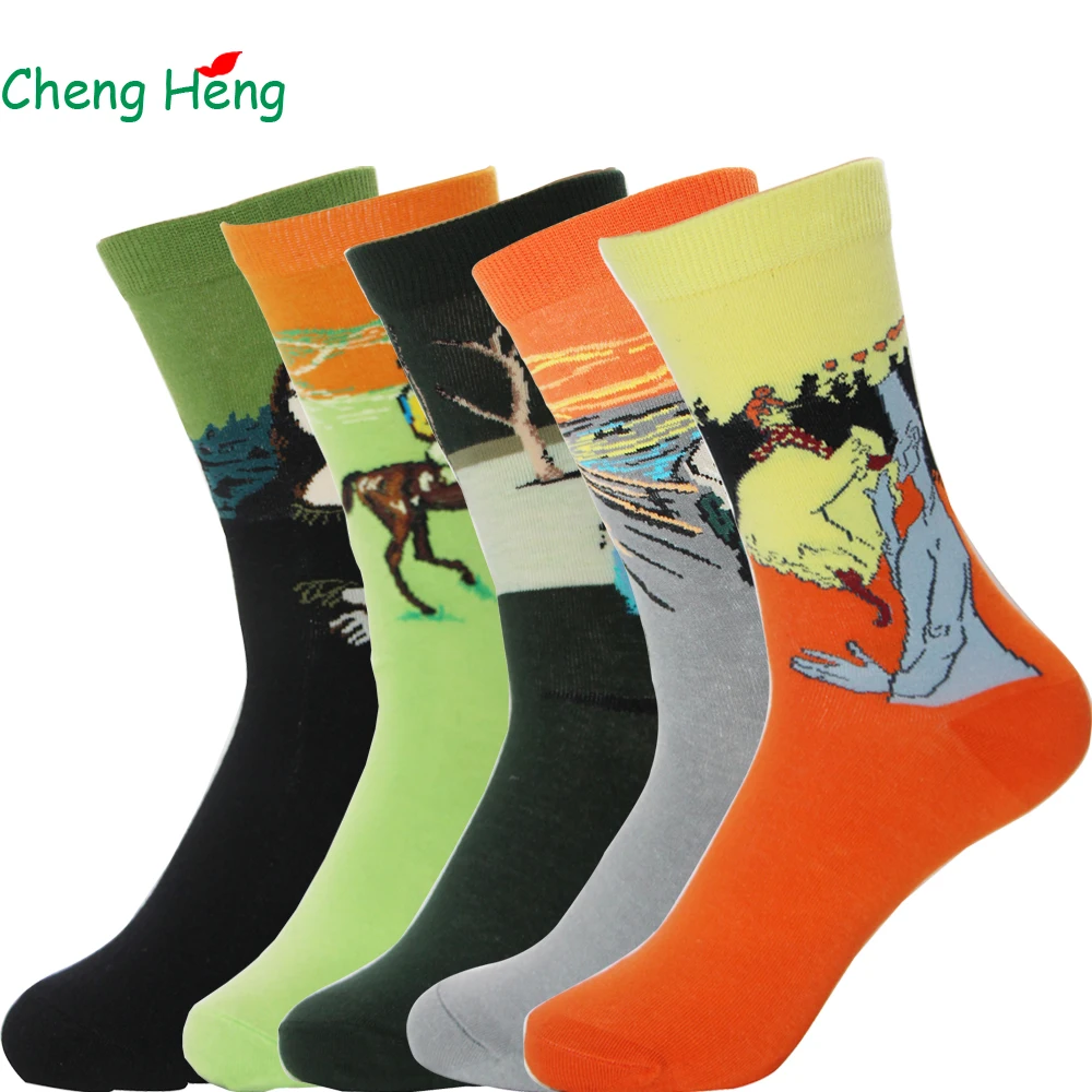 

Cheng Heng 5 Pairs/Bag Summer Autumn Retro Literary Revival Oil Painting Socks Horse pattern Socks Mens Middle Tube Socks