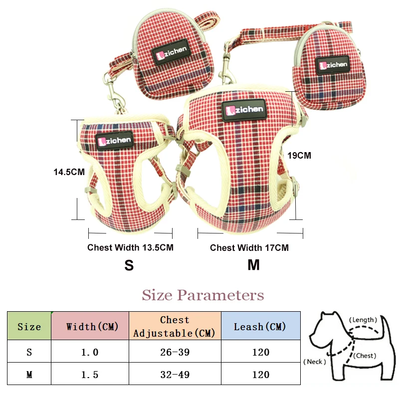 Zichen поводок для собак, поводок, снэк-мешок, регулируемый клетчатый дышащий волоконный хлопковый жилет для собак, двойное укрепление S-M