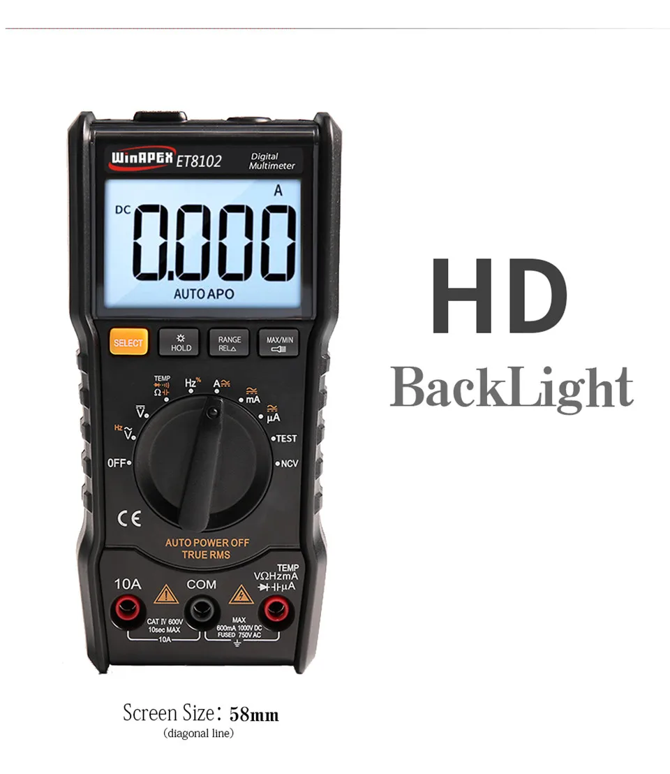 Kopen WinAPEX ET8102 Digitale Multimeter 6000 Counts True RMS Zaklamp Digitale Voltmeter 1000 V 10A AC DC Ampèremeter Pocket Multimeter