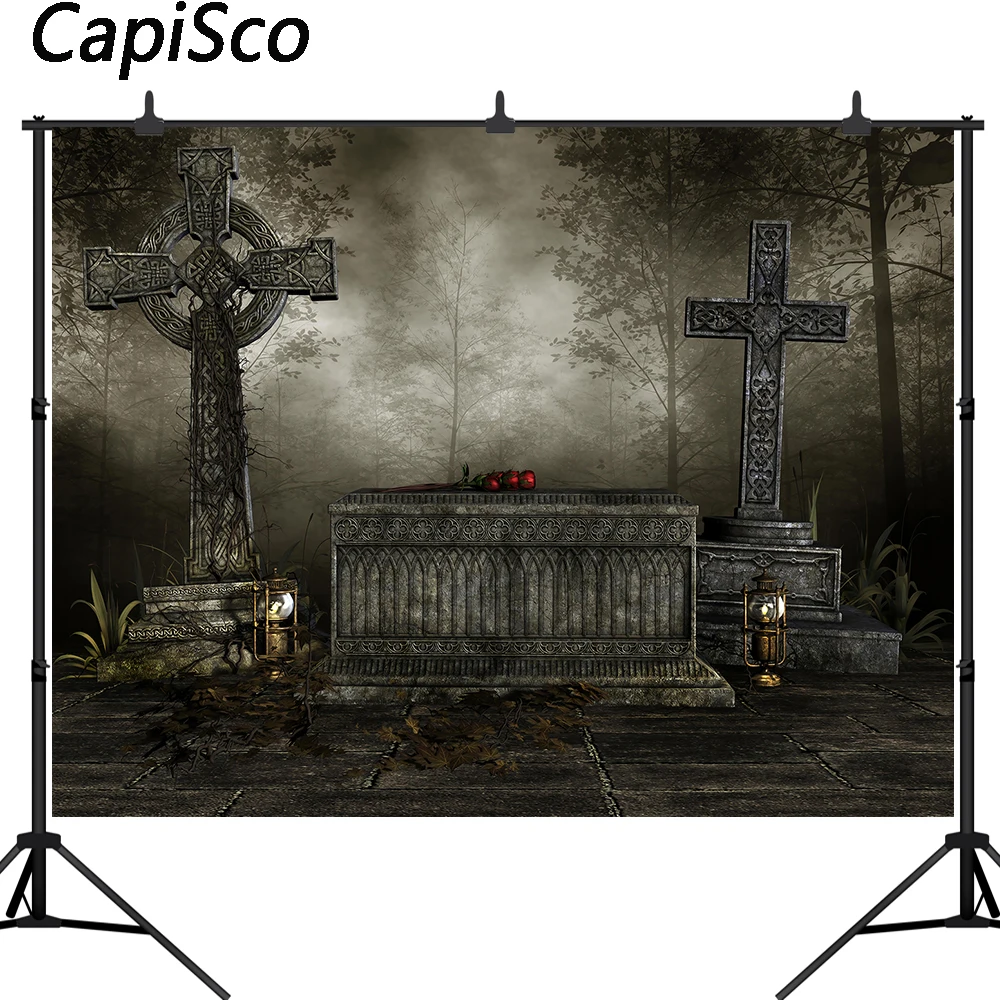 

Capisco Halloween Photo Backdrop Night Cemetery Graveyard cross Red rose Photography Background Photoshoot Photo Studio