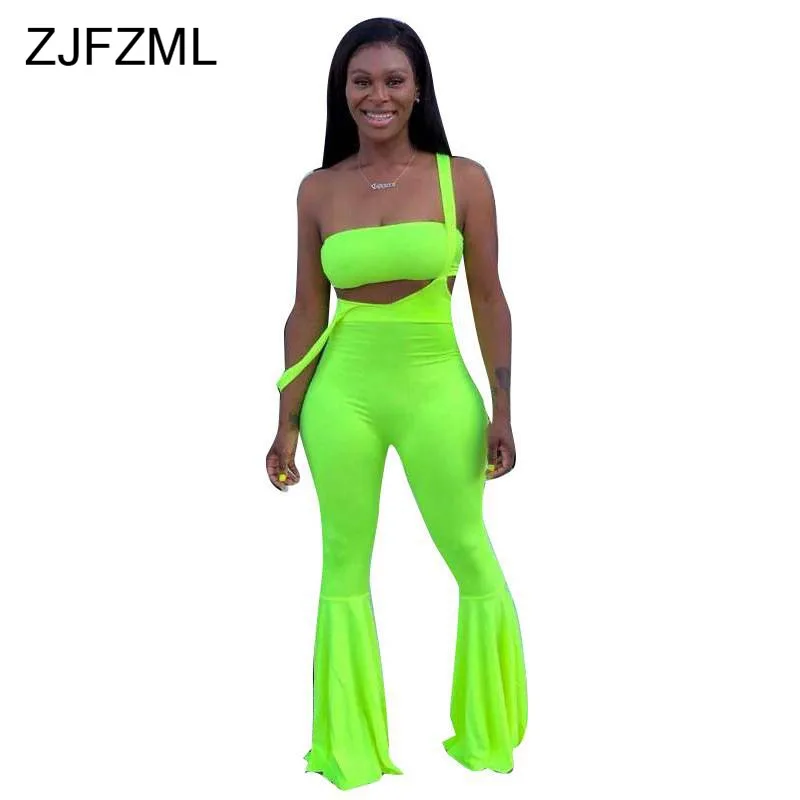 

Neon Green Sexy Two Piece Tracksuit Women Strapless Crop Top + Spaghetti Strap Bell Bottom Overalls Plus Size Causal Outfits