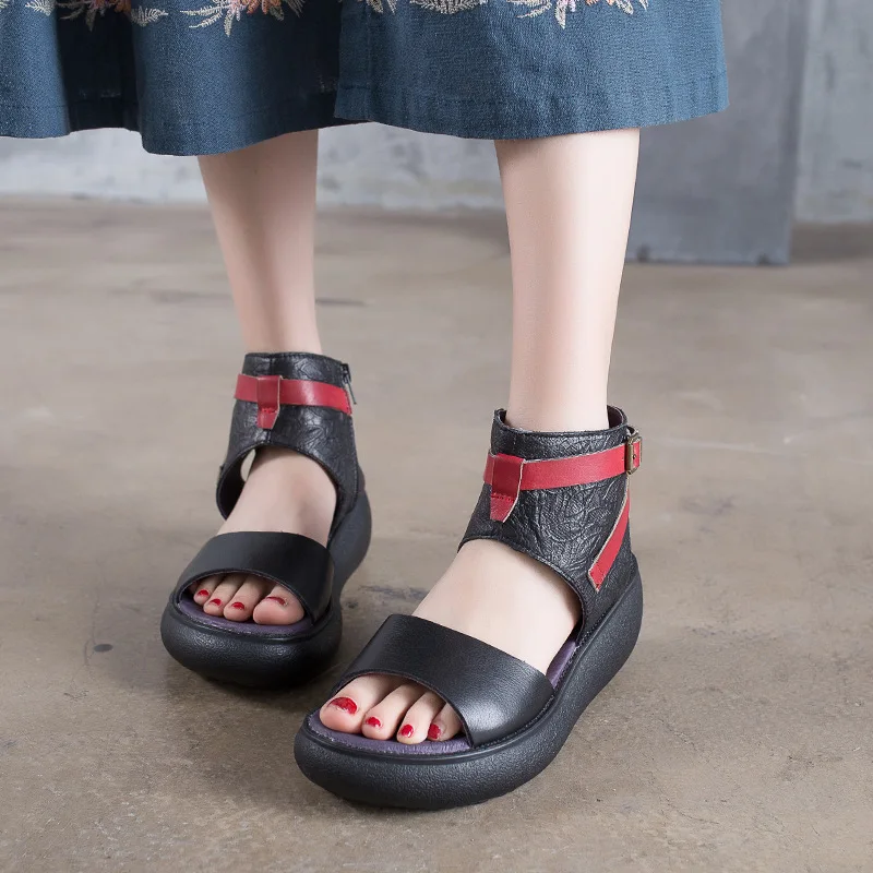 

Original leather thick sole women sandals Roman platform shoes 2018 summer new top layer leather muffins female shoes black grey