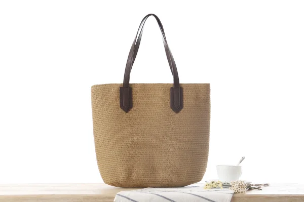 

solid color straw knitted women beach bag with PU leather handle grey and white color female handbag messenger bag