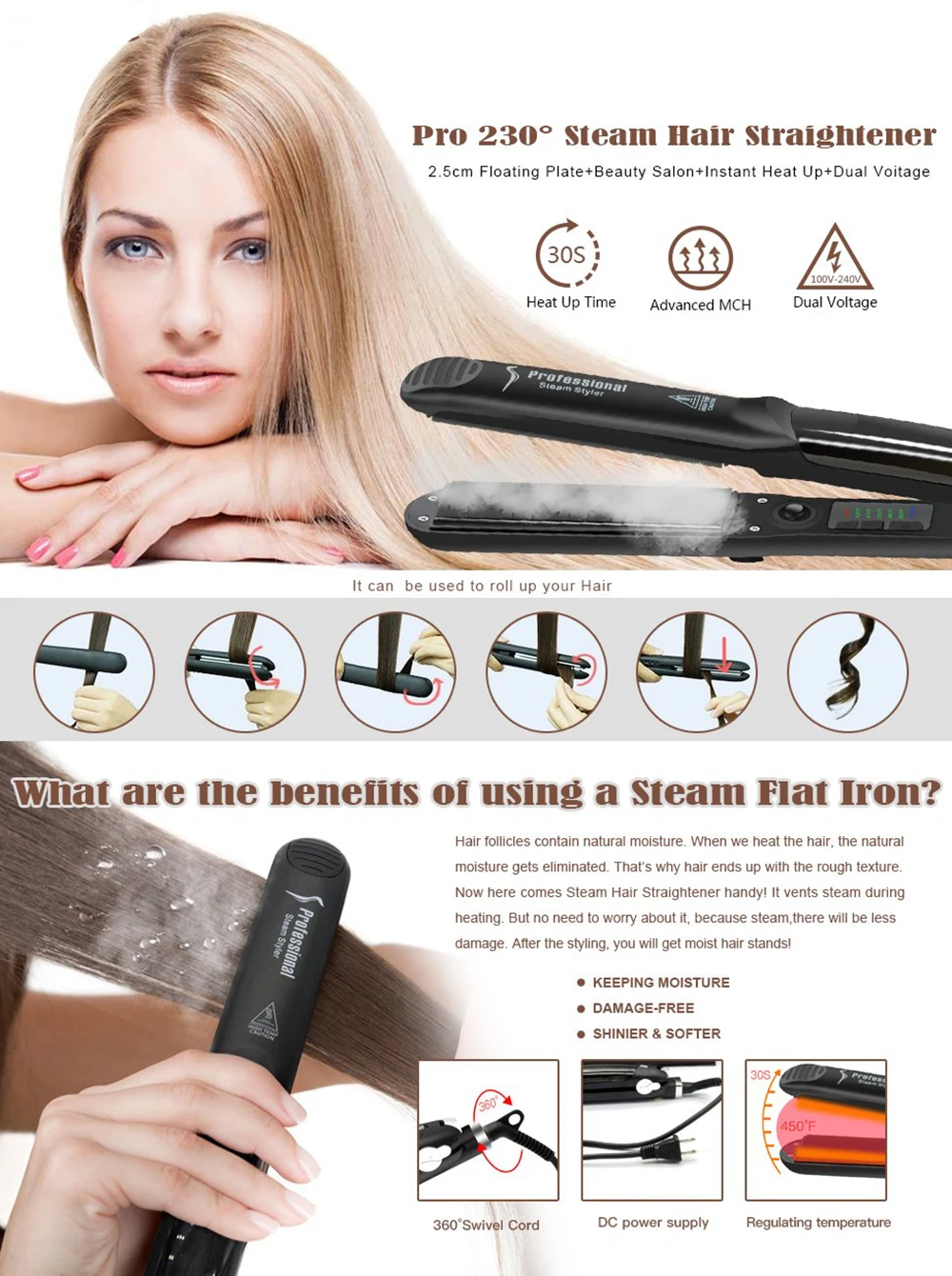 Professional Steam Hair Straightener Ceramic Vapor Hair Flat 450F Ceramic Vapor Steam Hair Straightener