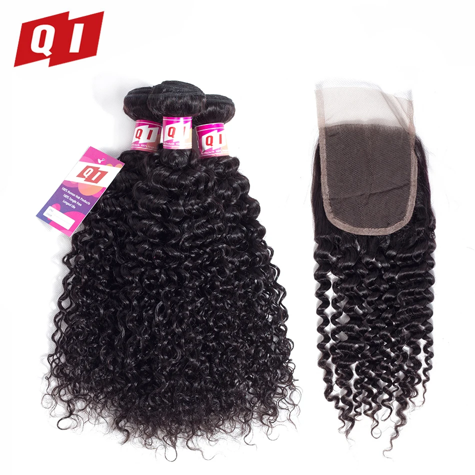 

QI Hair 100% Natural Color Kinky Curly Human Hair Brazilian Hair Weave 3 Bundles With Lace Closure Non Remy Hair 4 PCS