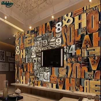 

beibehang Large-scale custom 3D wood carving alphabet metal digital TV living room bedroom background home decoration